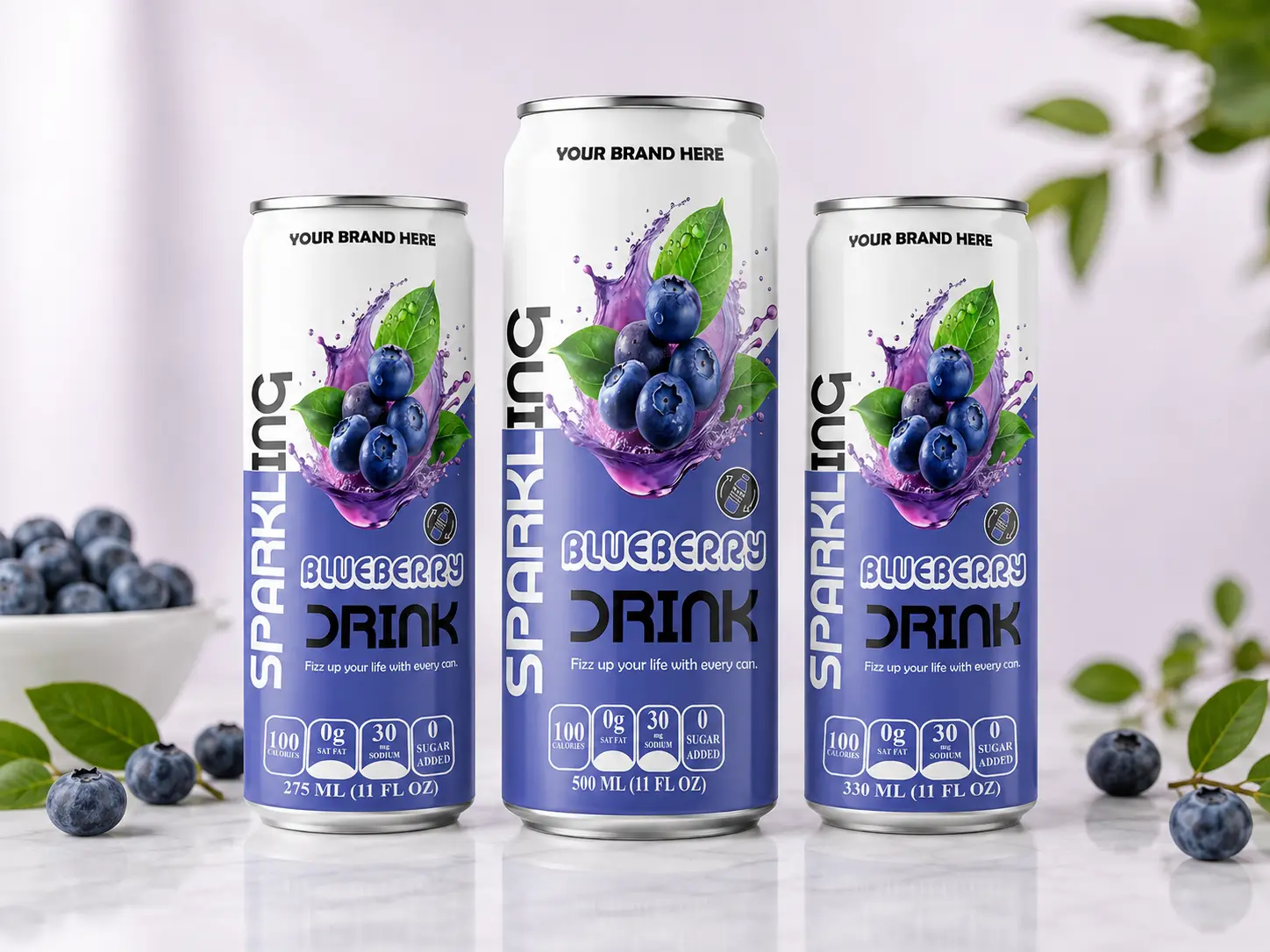 SPARKLING DRINK Blueberry Flavored Drink in 275ml, 500ml, and 330ml cans.